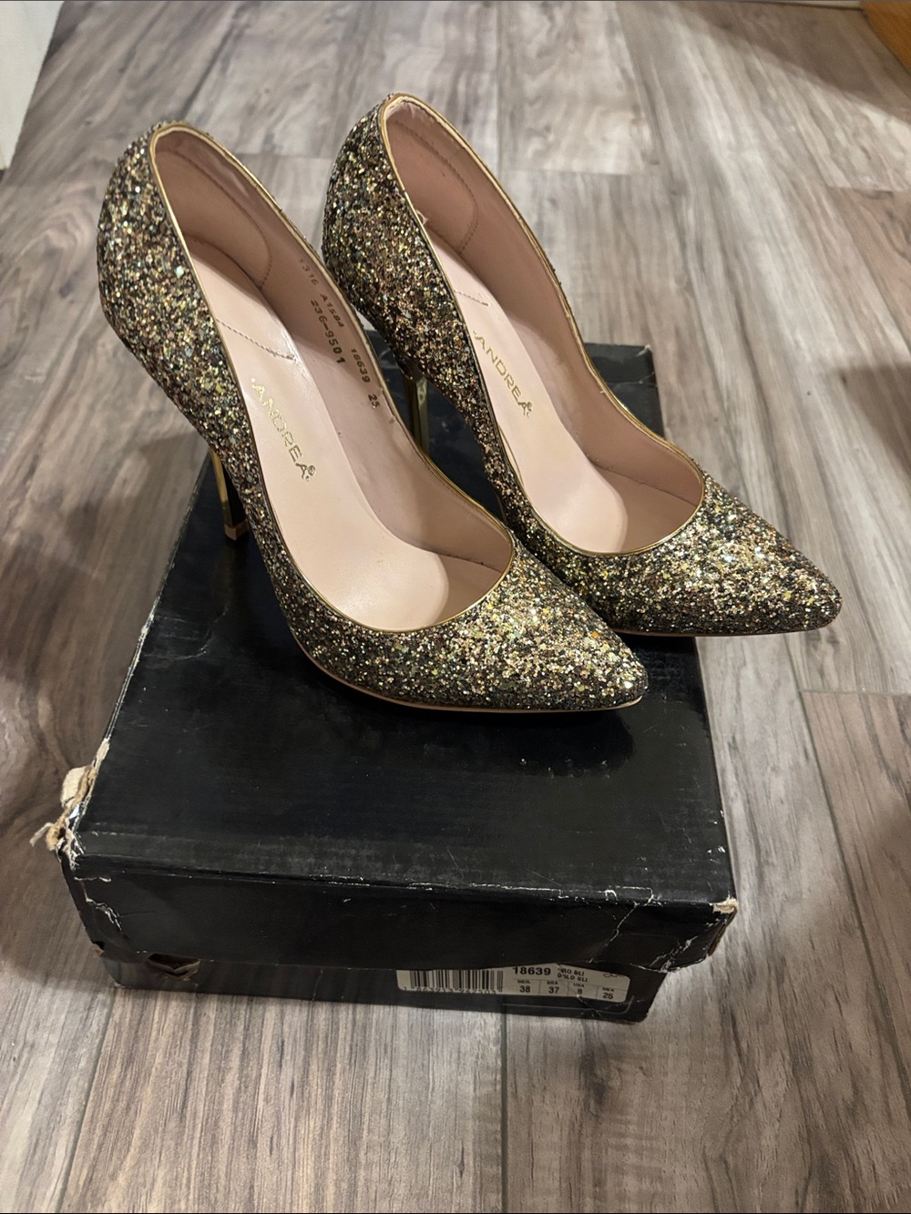 ANDREA FENZI Gold Glitter Pointed Toe Stiletto Pumps